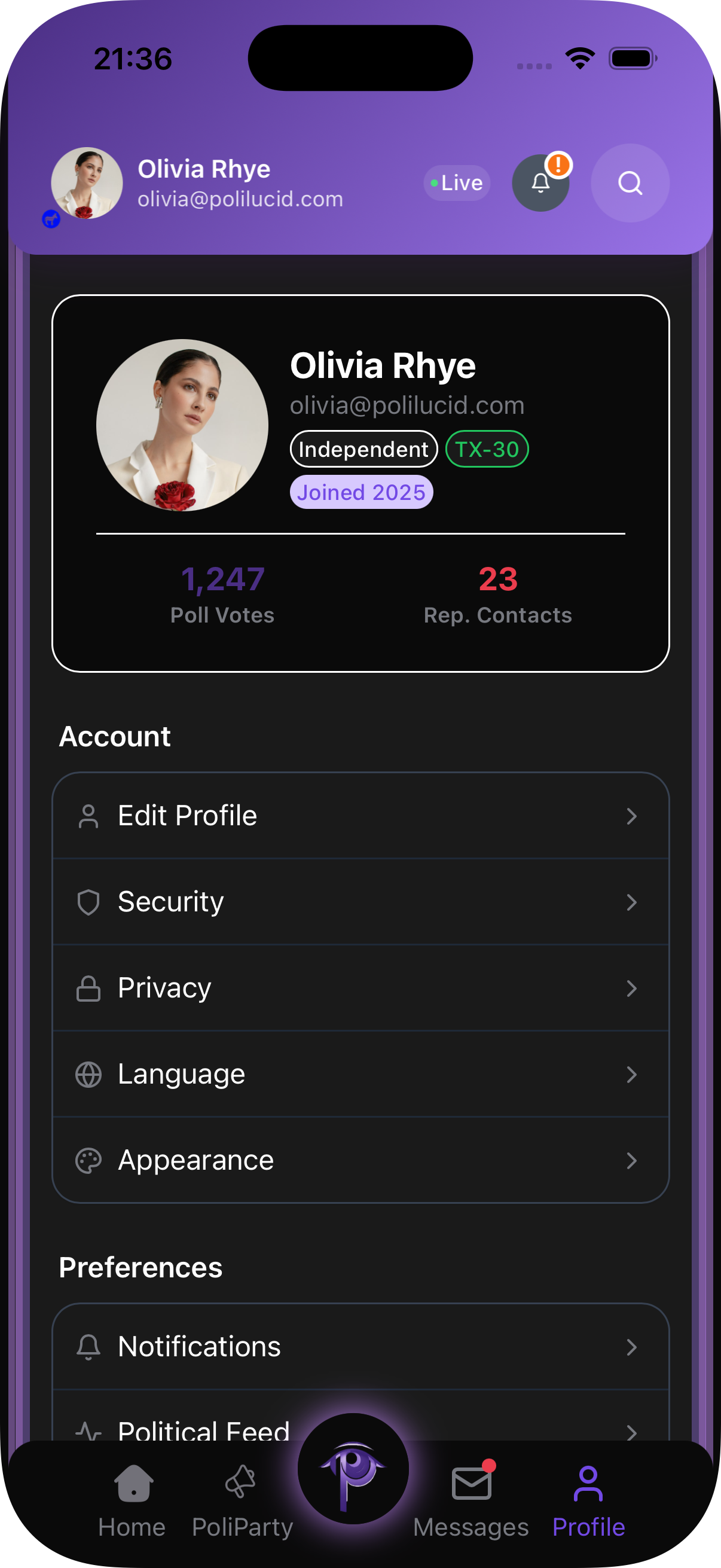 Profile Settings - dark mode
